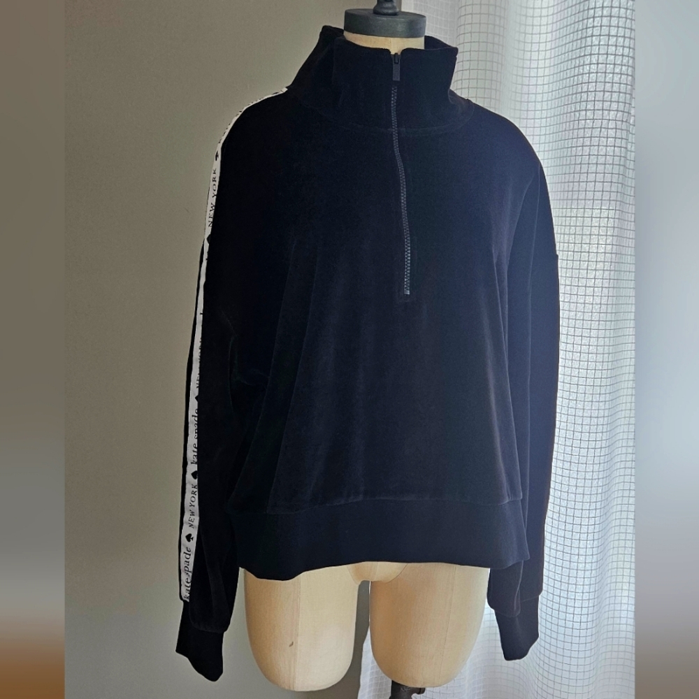 NWT Kate Spade 1/4 Zip Cropped Velor Black Sweatshirt with Logo Sleeve - Sz XL - Picture 6 of 9